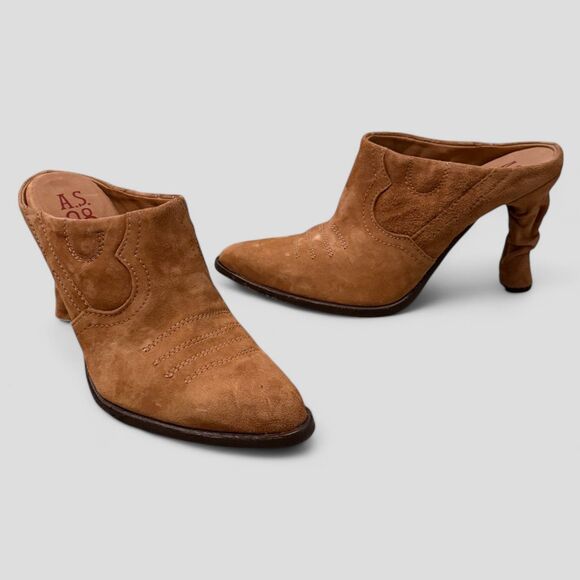 A.S. 98 Womens Suede Heeled Mule Tan Slip On Pointed Toe Western Flay Boot Sz 39 - Picture 1 of 10